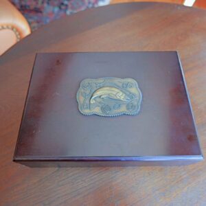 Vintage Wooden Jewelry / Trinket Box w/ Brass Fish Inlay – Rustic Cabin Decor 11”