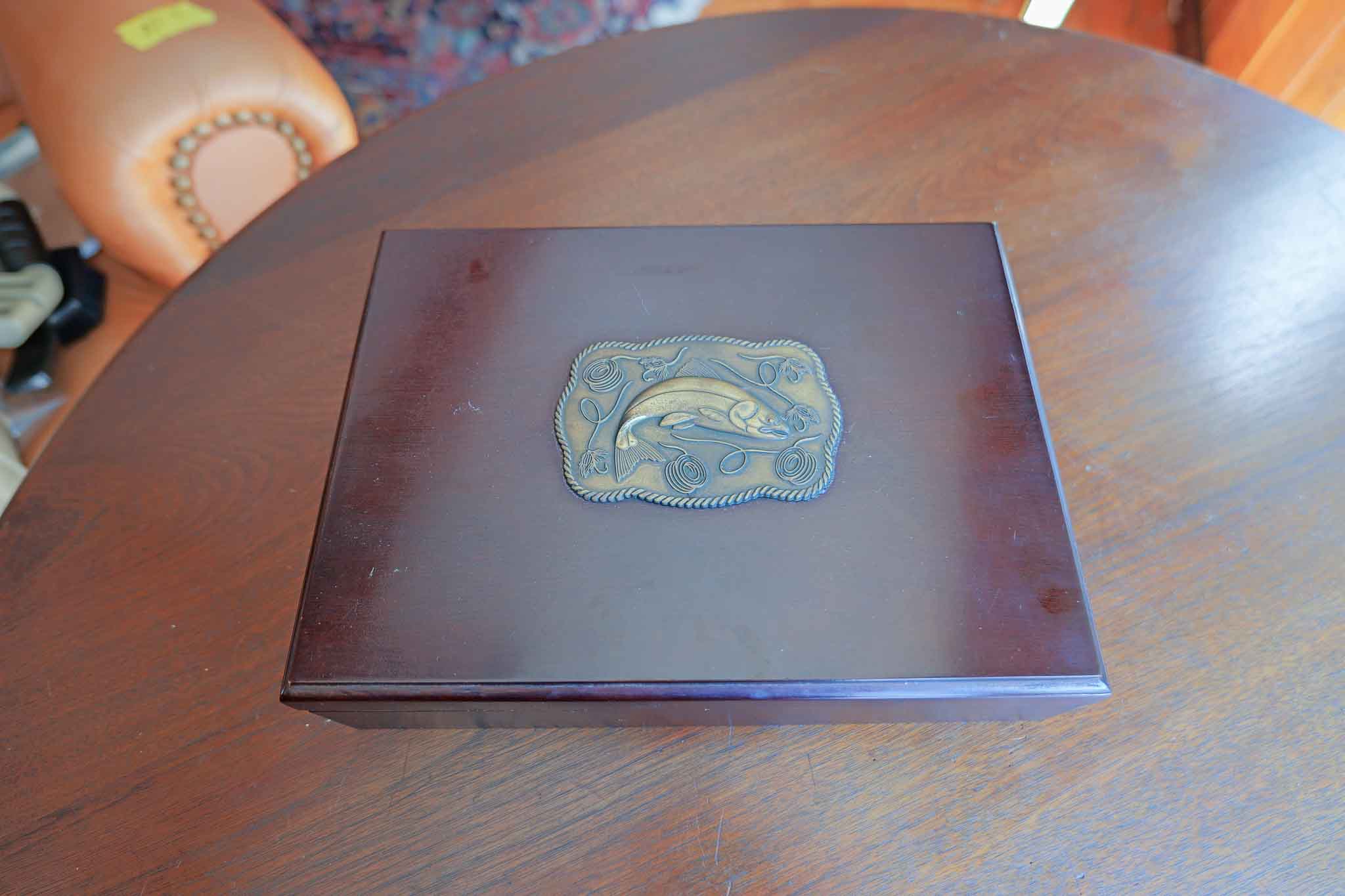 Vintage Wooden Jewelry / Trinket Box w/ Brass Fish Inlay – Rustic Cabin Decor 11”