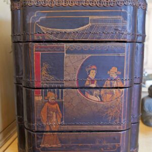 Vintage Asian Lacquer Tiered Stacking Box – Hand-Painted Chinoiserie Design Storage Chest