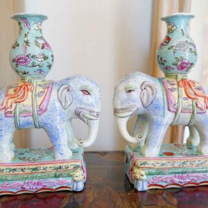 Pair of Chinese Famille Rose Elephant Candle Holders – Hand Painted Porcelain, 8”