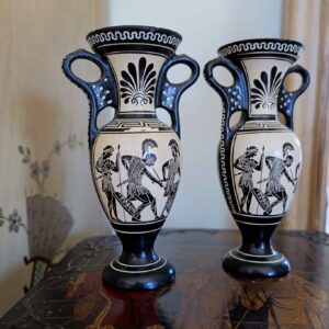 Set of 2 Greek Amphora Style Vases – “Amazons Arming” Museum Reproduction – 7.25”