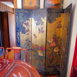 Vintage Chinese 4-Panel Black Lacquer Gold Leaf Room Divider Screen 72” Tall Birds & Floral