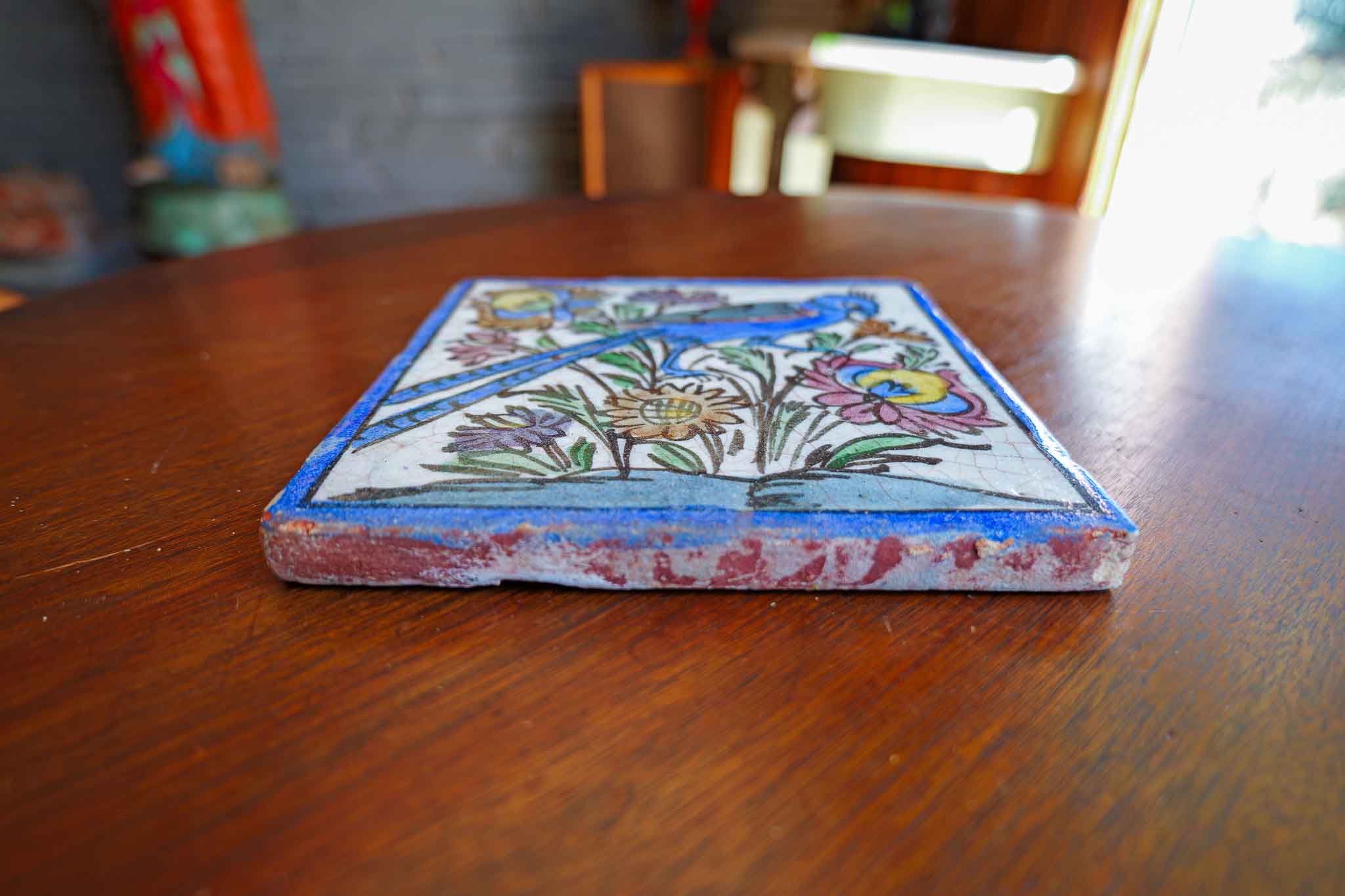 Antique Persian Qajar-Style Glazed Ceramic Tile – Hand-Painted Blue Bird Floral Motif – 8” - Image 2