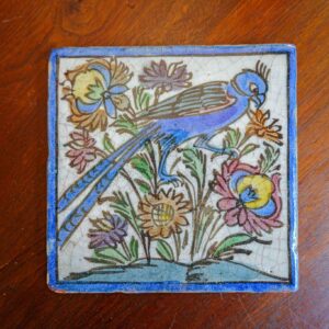 Antique Persian Qajar-Style Glazed Ceramic Tile – Hand-Painted Blue Bird Floral Motif – 8”