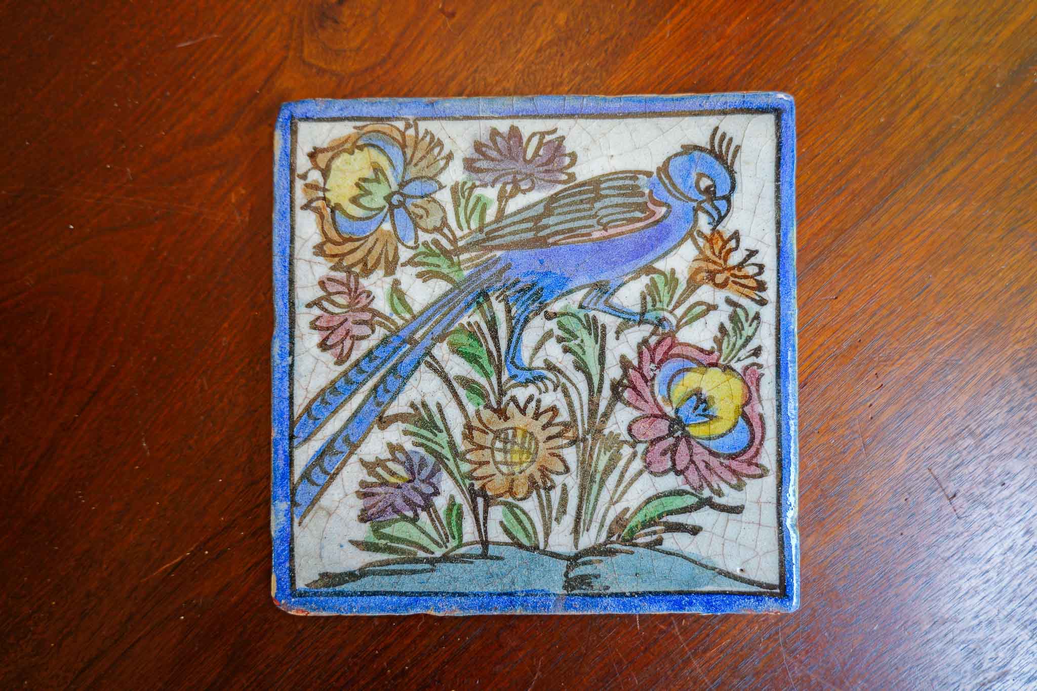 Antique Persian Qajar-Style Glazed Ceramic Tile – Hand-Painted Blue Bird Floral Motif – 8”