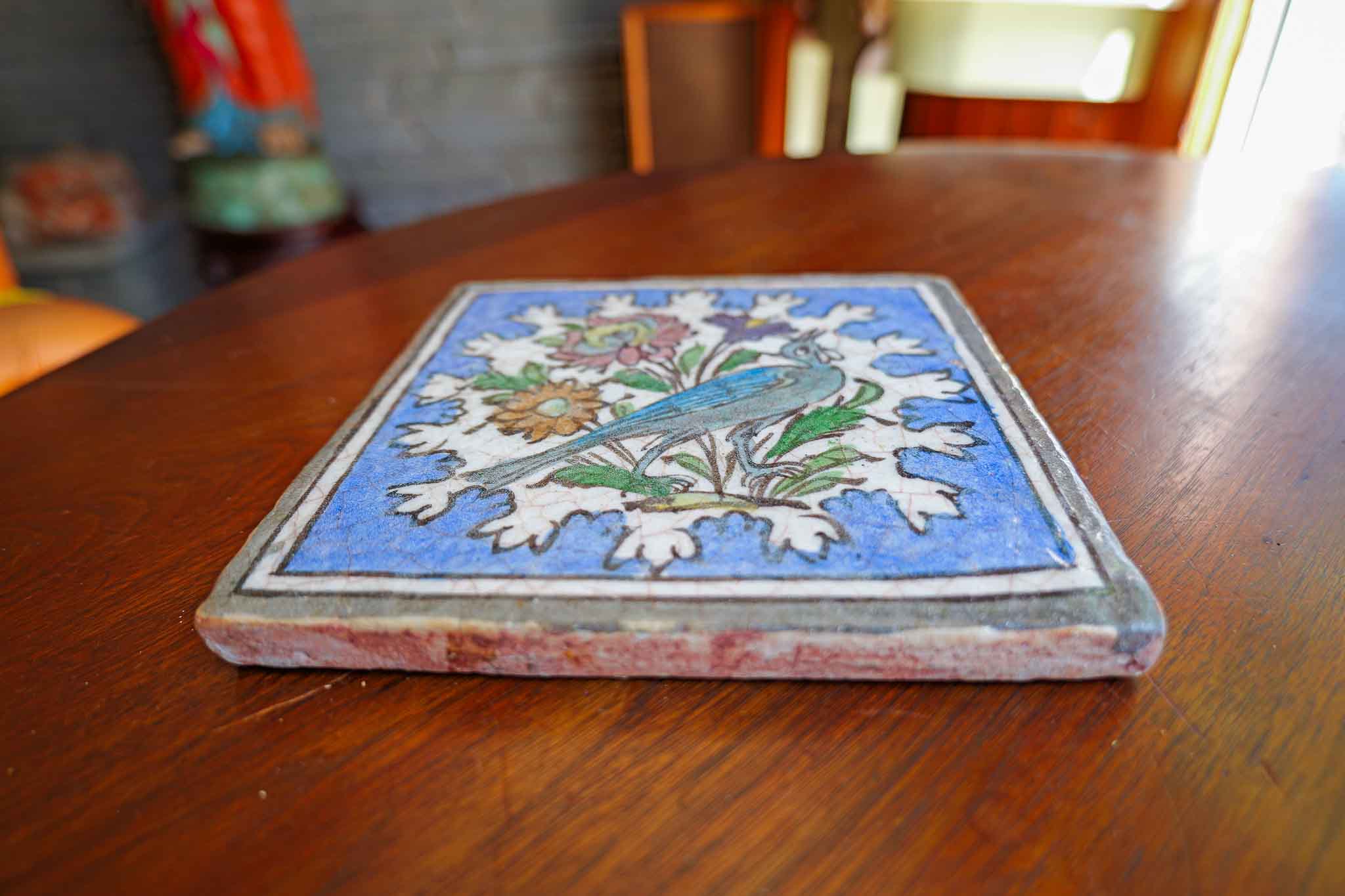 Vintage Persian Qajar Style Glazed Ceramic Tile Bird Floral Motif 8” Square - Image 2
