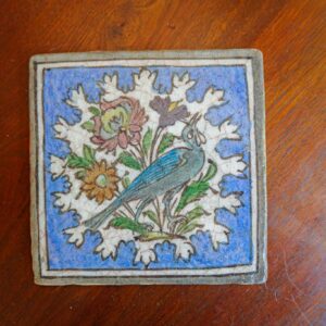 Vintage Persian Qajar Style Glazed Ceramic Tile Bird Floral Motif 8” Square