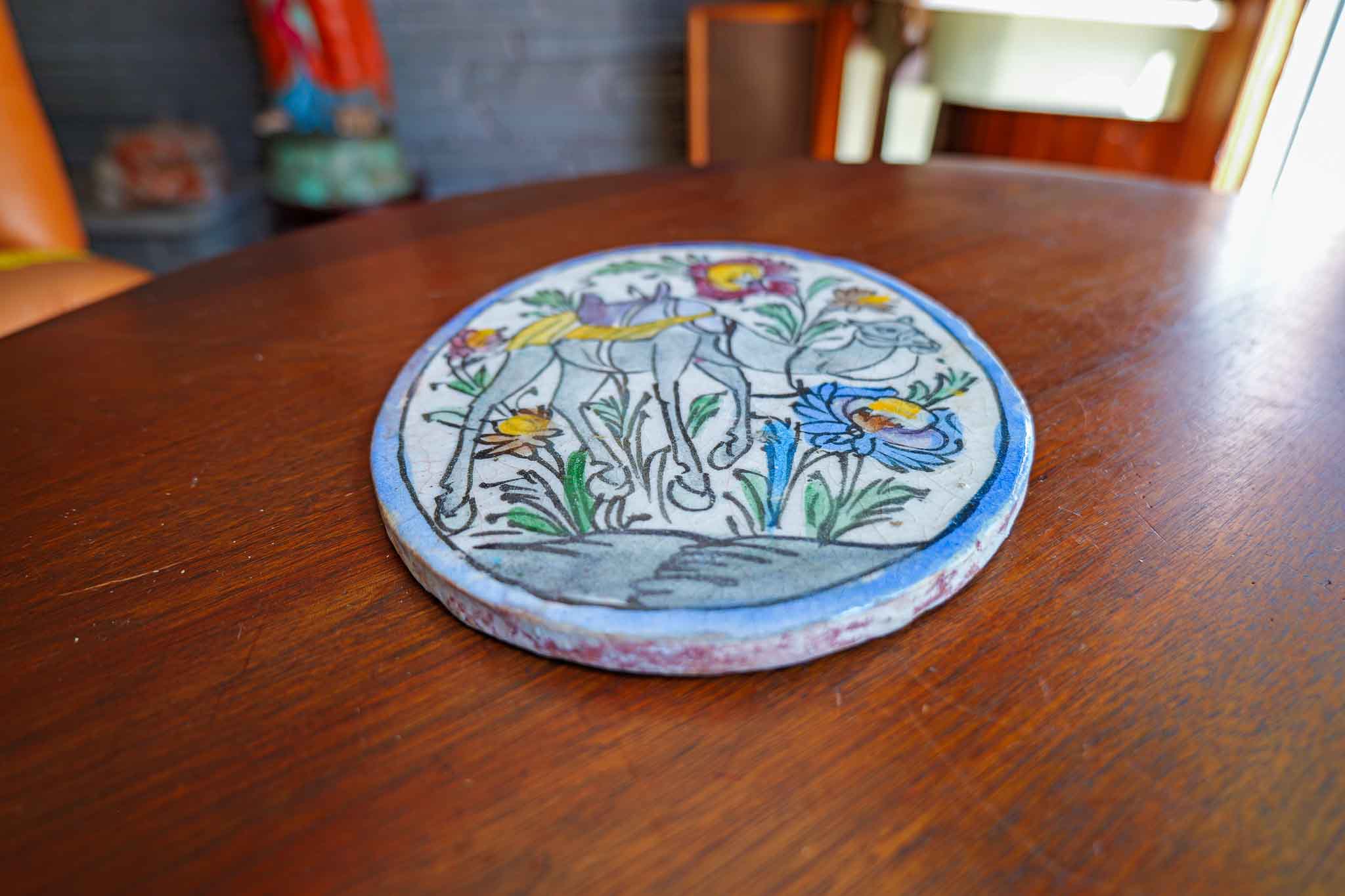 Antique Persian Iznik Style Glazed Ceramic Tile Camel Floral Motif Oval 10” x 8” - Image 2