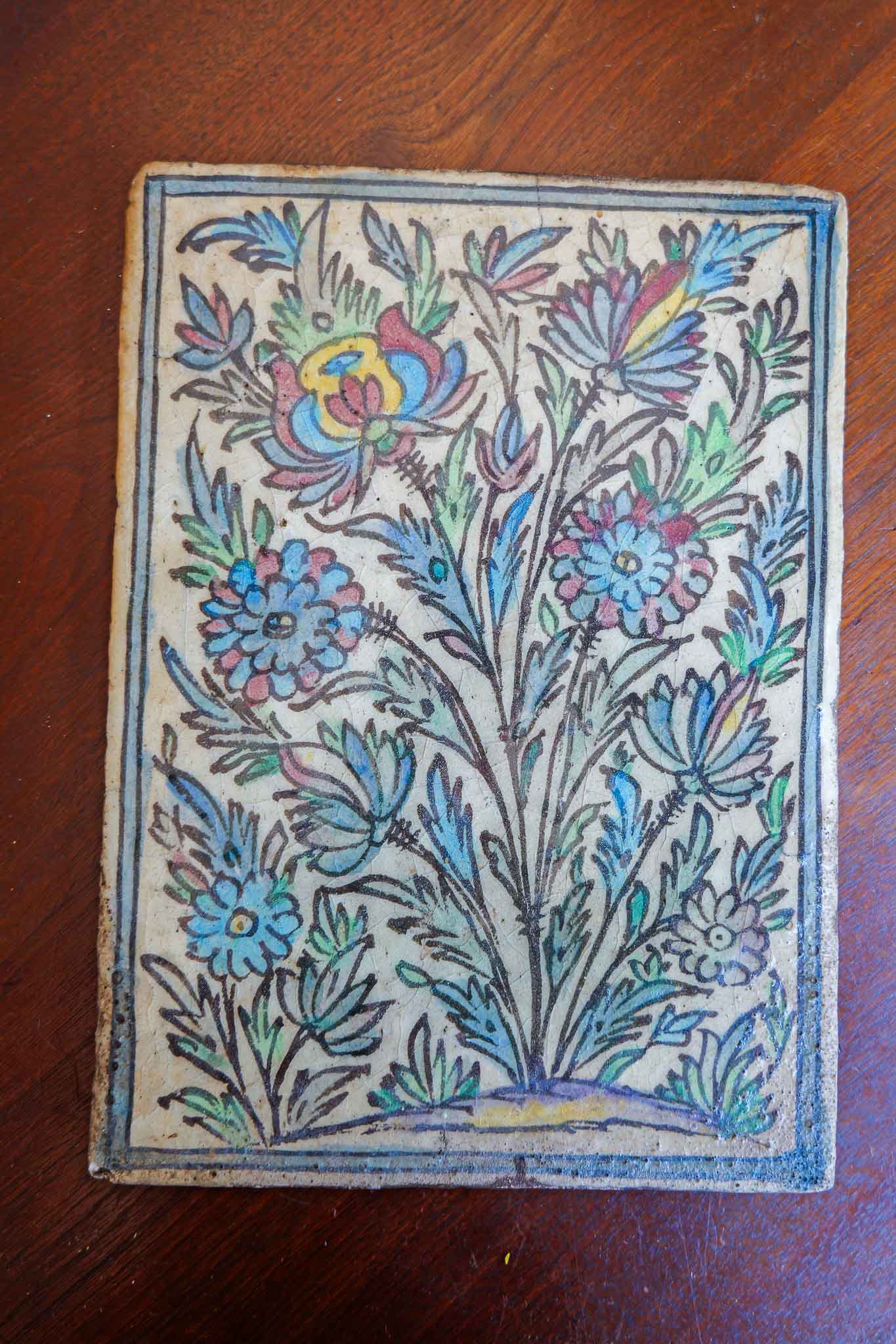 Antique Persian Iznik Style Glazed Ceramic Tile Floral Motif Rectangle 13.5” x 9.75”