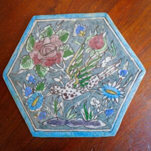 Antique Persian Qajar Style Hexagonal Glazed Ceramic Tile Spotted Bird Floral 11”
