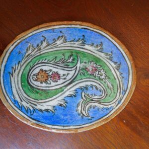 Antique Persian Qajar Style Oval Glazed Ceramic Tile Paisley Floral 10”