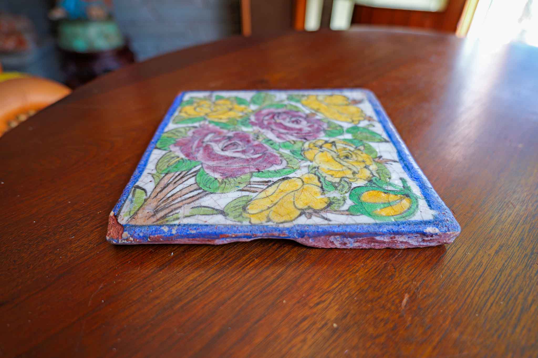 Antique Persian Qajar Style Square Glazed Ceramic Tile Floral Design 8” - Image 2