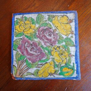 Antique Persian Qajar Style Square Glazed Ceramic Tile Floral Design 8”