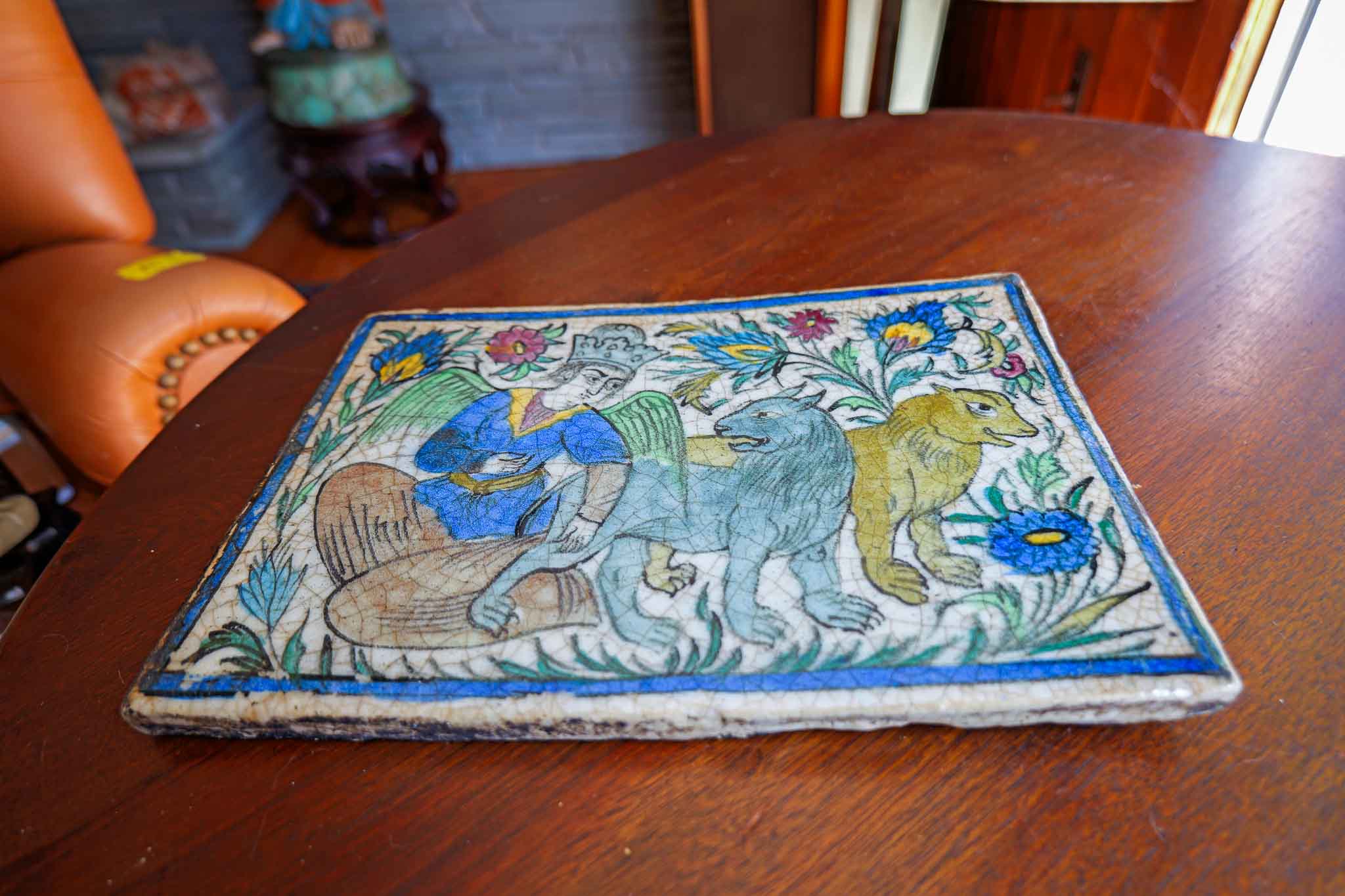 Antique Persian Qajar Style Rectangular Glazed Ceramic Tile Angel with Animals 13.75” - Image 2