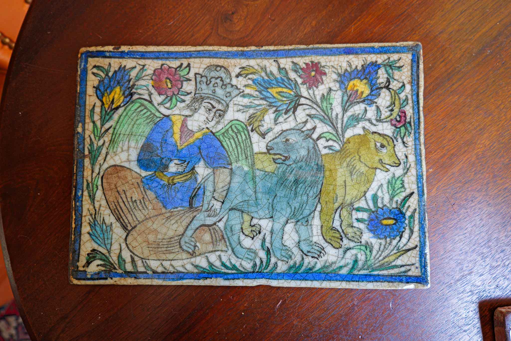 Antique Persian Qajar Style Rectangular Glazed Ceramic Tile Angel with Animals 13.75”