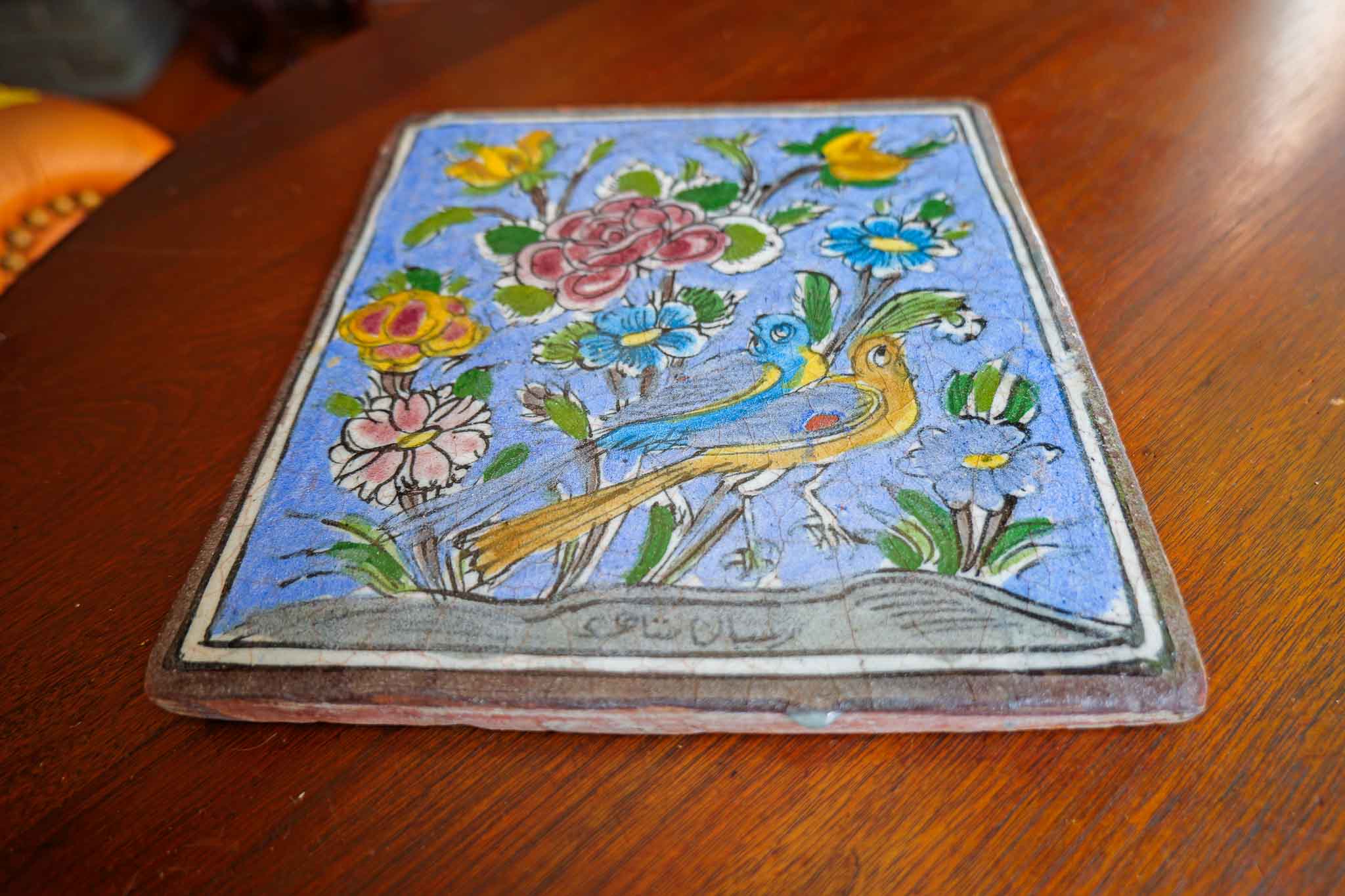ANTIQUE PERSIAN QAJAR-STYLE GLAZED CERAMIC TILE (TWO BIRDS) - Image 2