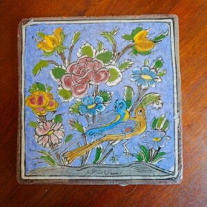 ANTIQUE PERSIAN QAJAR-STYLE GLAZED CERAMIC TILE (TWO BIRDS)