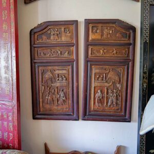 Vintage Chinese Hand-Carved Wood Wall Panels (Set of 2) – Figural Relief Scenes, 31”