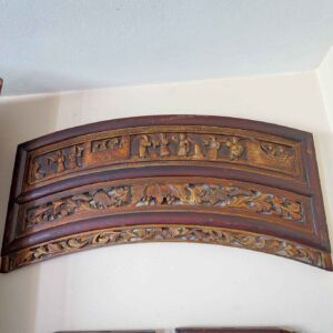 Vintage Chinese Hand-Carved Arched Wooden Panel – Intricate Figural & Floral Relief Wall Décor