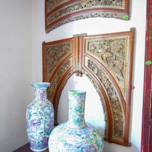 Large Antique Chinese Hand-Carved Wooden Arch Panels (Set of 2) – Figural & Floral Relief, 38.5"