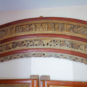 Large Antique Chinese Hand-Carved Arched Wooden Panel – Figural Scene Relief, Architectural Wall Decor