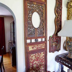 Large Antique Chinese Hand-Carved Wooden Panel – Gilt Figural Relief, Openwork Center, 68” Tall