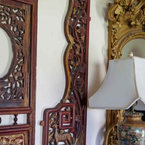 Pair of Antique Chinese Hand-Carved Wooden Panels – Deer & Floral Motif, Gilt Accents, 47.5”