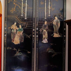 Vintage Asian Black Lacquer Wall Panels – Hand-Painted Figural Scene, Set of 2 (36”)
