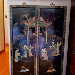 Vintage Asian Black Lacquer Wall Panels – Hand-Painted Figural Courtyard Scene, Set of 2 (36”)