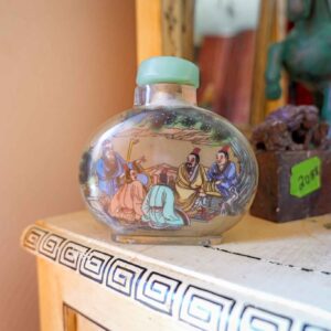 Chinese Reverse Painted Glass Snuff Bottle – Figural Scholar Scene with Calligraphy (4”)