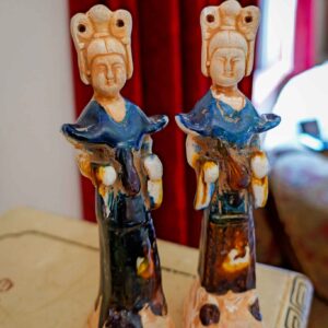 Chinese Tang-Style Terracotta Court Lady Figurines – Tri-Color Glaze, Set of 2 (7”)