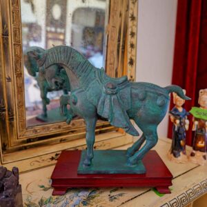 Chinese Tang-Style Horse Sculpture – Verdigris Finish on Wooden Base (10” H)