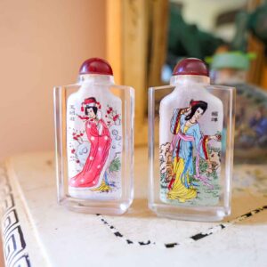 Chinese Reverse Painted Glass Snuff Bottles (Set of 2) – Hand Painted Figures, 3.5”