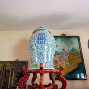 Chinese Blue & White “Double Happiness” Temple Jars (Pair) – Lidded Porcelain on Stands