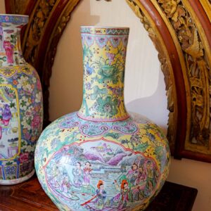 Large Chinese Famille Rose Style Porcelain Vase 22” Hand Painted Figures Floral Scene