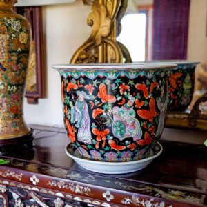 Chinese Famille Noir Porcelain Fishbowl Planter with Saucer 12” Black Ground Figural Floral