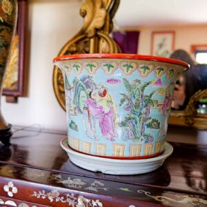 Chinese Famille Rose Porcelain Planter with Saucer 11” Hand Painted Figural Scene