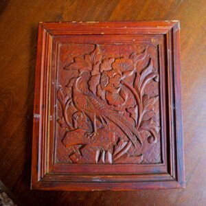 Hand-Carved Wooden Panel with Bird & Floral Motif – Framed Asian Relief Wall Art
