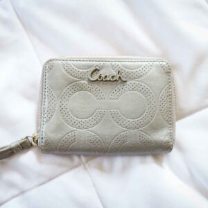 Coach Metallic Gray Perforated Signature Leather Zip Around Wallet Wristlet Compact