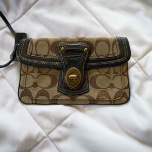 Coach Legacy Signature Turnlock Wristlet Brown Monogram Canvas Leather Trim Clutch