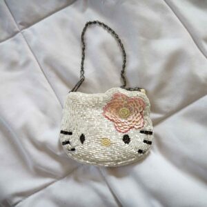 Vintage Sanrio Hello Kitty Beaded Mini Purse White Sequined Coin Bag Chain Strap