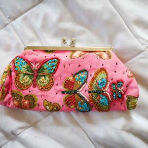 Mary Frances Beaded Butterfly Clutch Purse Pink Embellished Evening Bag Kiss Lock