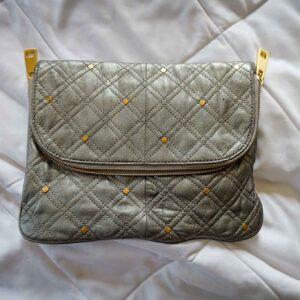 Steve Madden Gunmetal Metallic Quilted Clutch Bag Studded Foldover Handbag