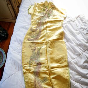 Vintage Chinese Cheongsam Qipao Dress Gold Satin Embroidered Phoenix Traditional Gown