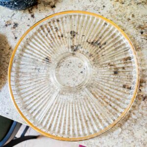 Large Ribbed Clear Glass Serving Platter With Amber Rim