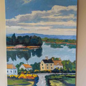 Signed Lake House Landscape Canvas Painting