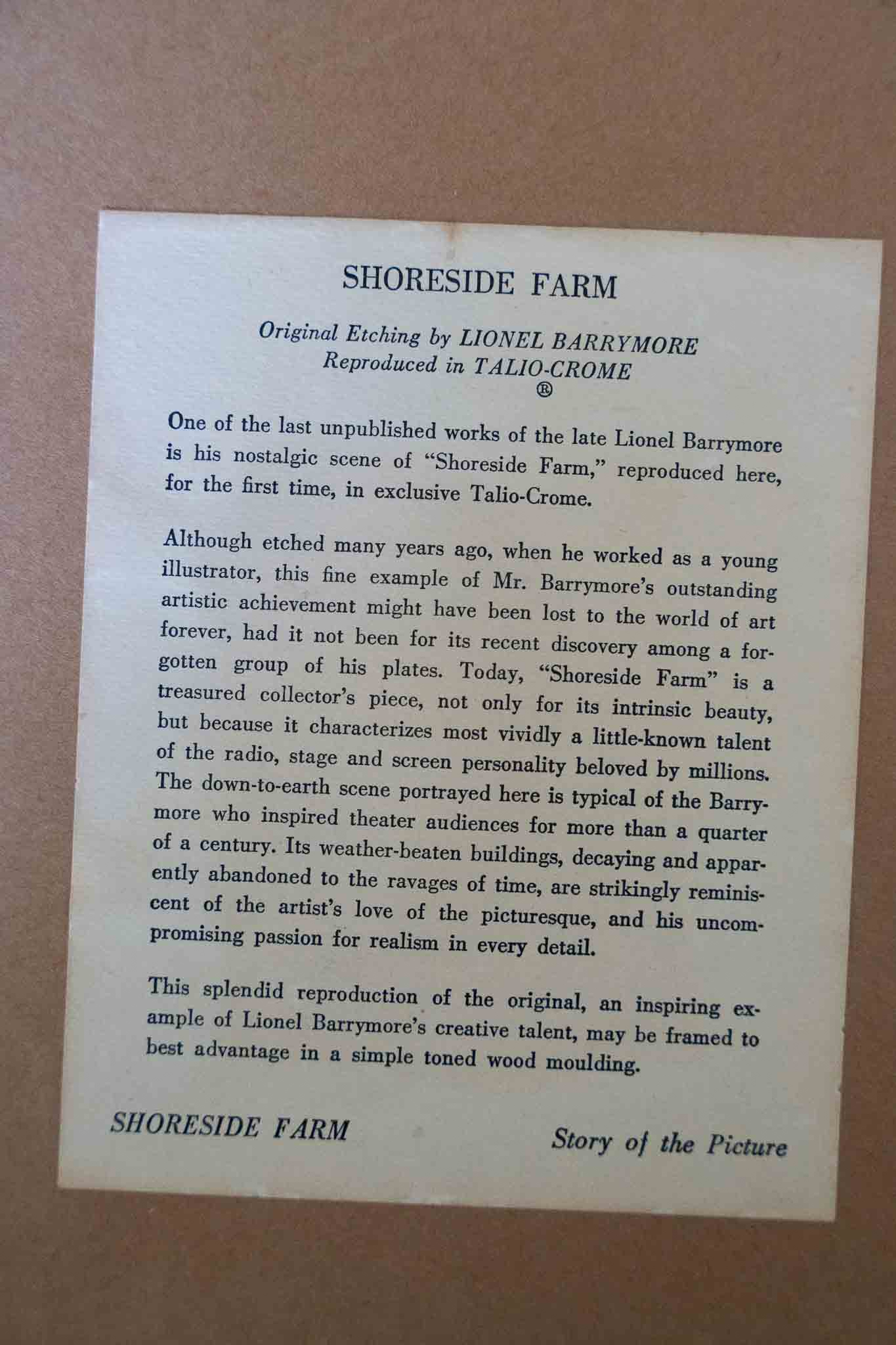 Lionel Barrymore “Shoreside Farm” Framed Etching Reproduction - Image 5